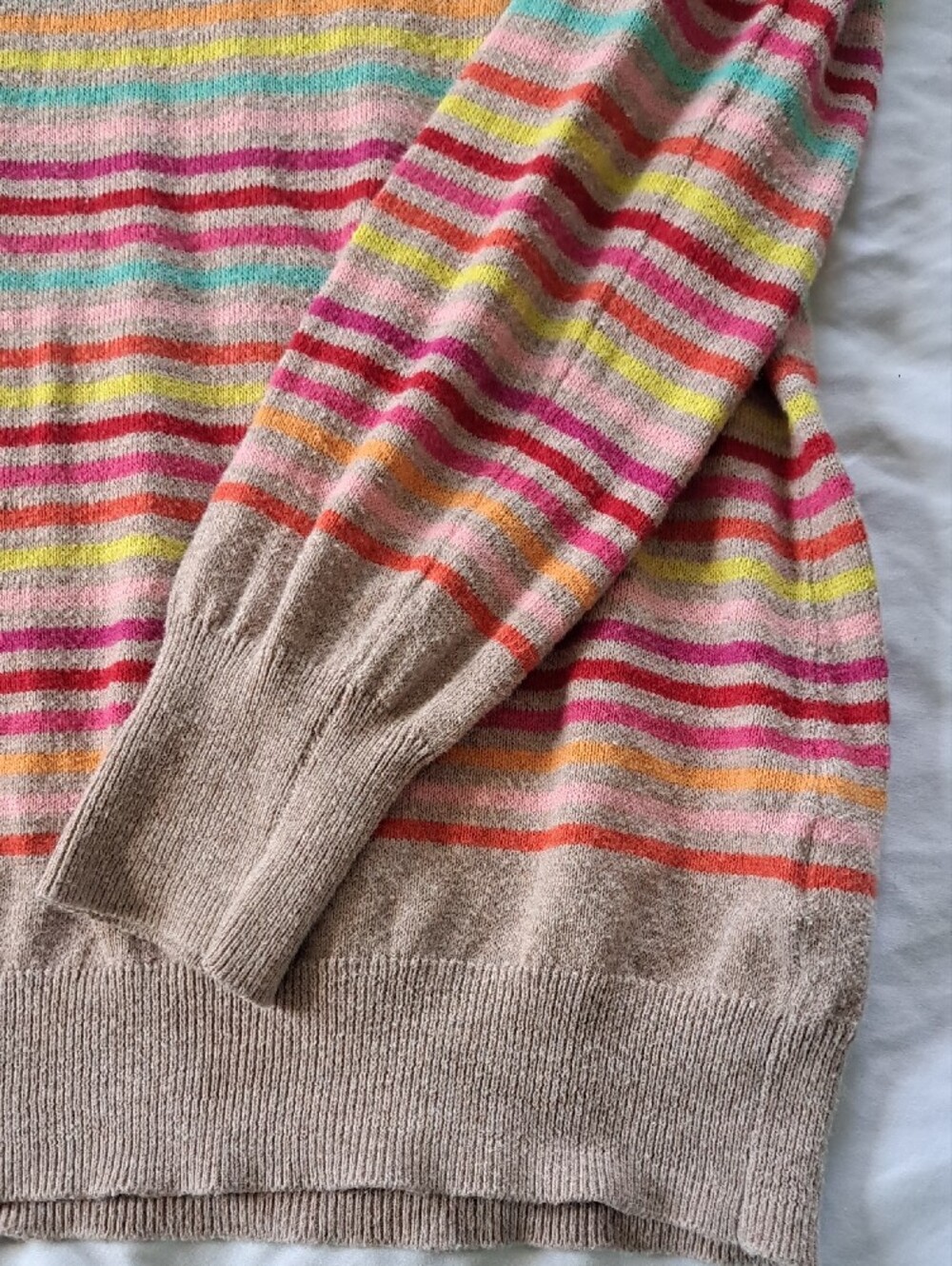 Old Navy Cotton Blend Beige Crewneck Lightweight Sweater with Multicolor Stripes - Picture 4 of 8
